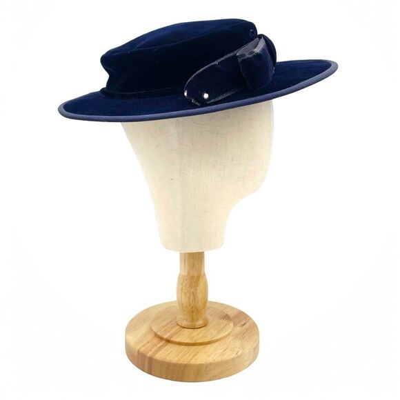 Vintage Makoff Salt Lake City Navy Blue Velvet Hat 22 1/2 Wide Brim Ribbon Bow - Picture 2 of 15